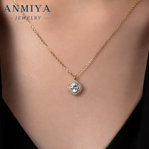 Luxury 925 Sterling Silver Clover Pendant Necklace for Women Square Zircon Link Chain Necklace for Parties Gifts