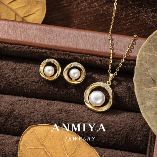 Fashion Women Wedding Pearl Pendant Earrings Necklace Sets Simple 18K Gold Plated Bridal Pearl Jewelry Sets