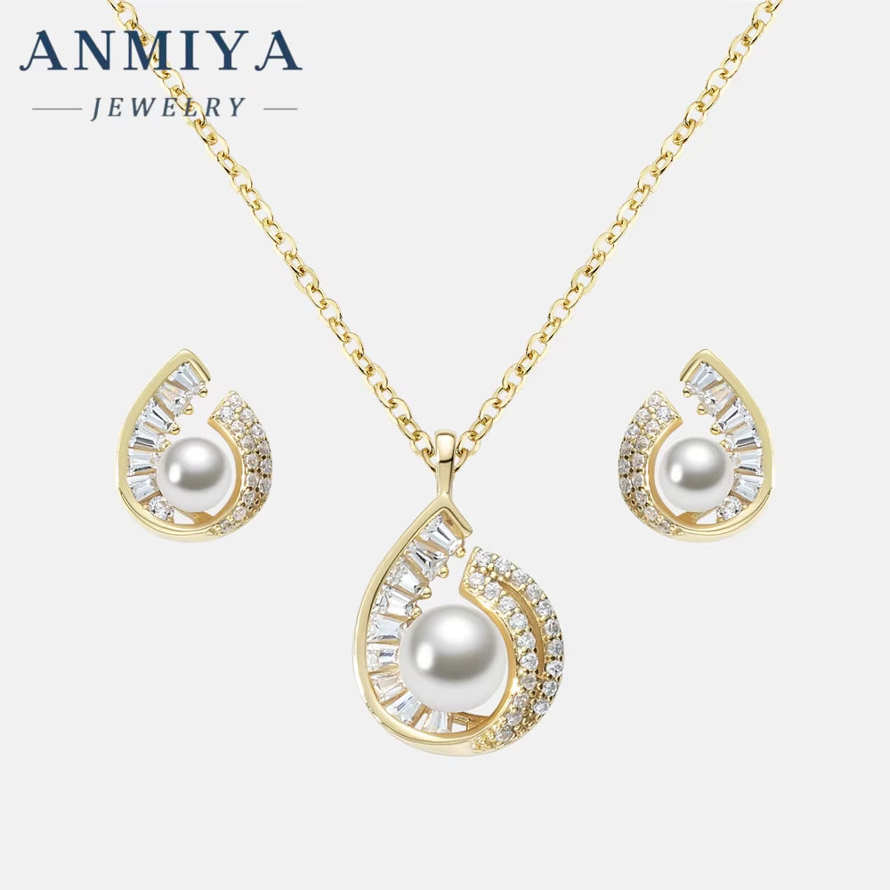 ANMIYA Water Resistant Plated Gold Jewelry Water Drop Shape Fresh Water Pearl 925 Silver Earrings Set Necklace