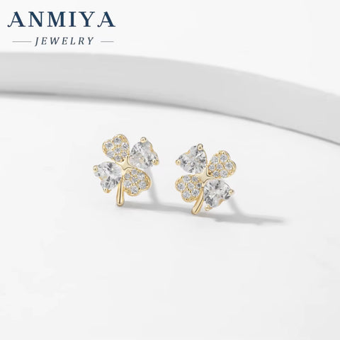 Luxury 925 Sterling Silver Diamond Zircon Flower Stud Earrings 18K Gold Plated Four Leaf Clover Earrings for Women