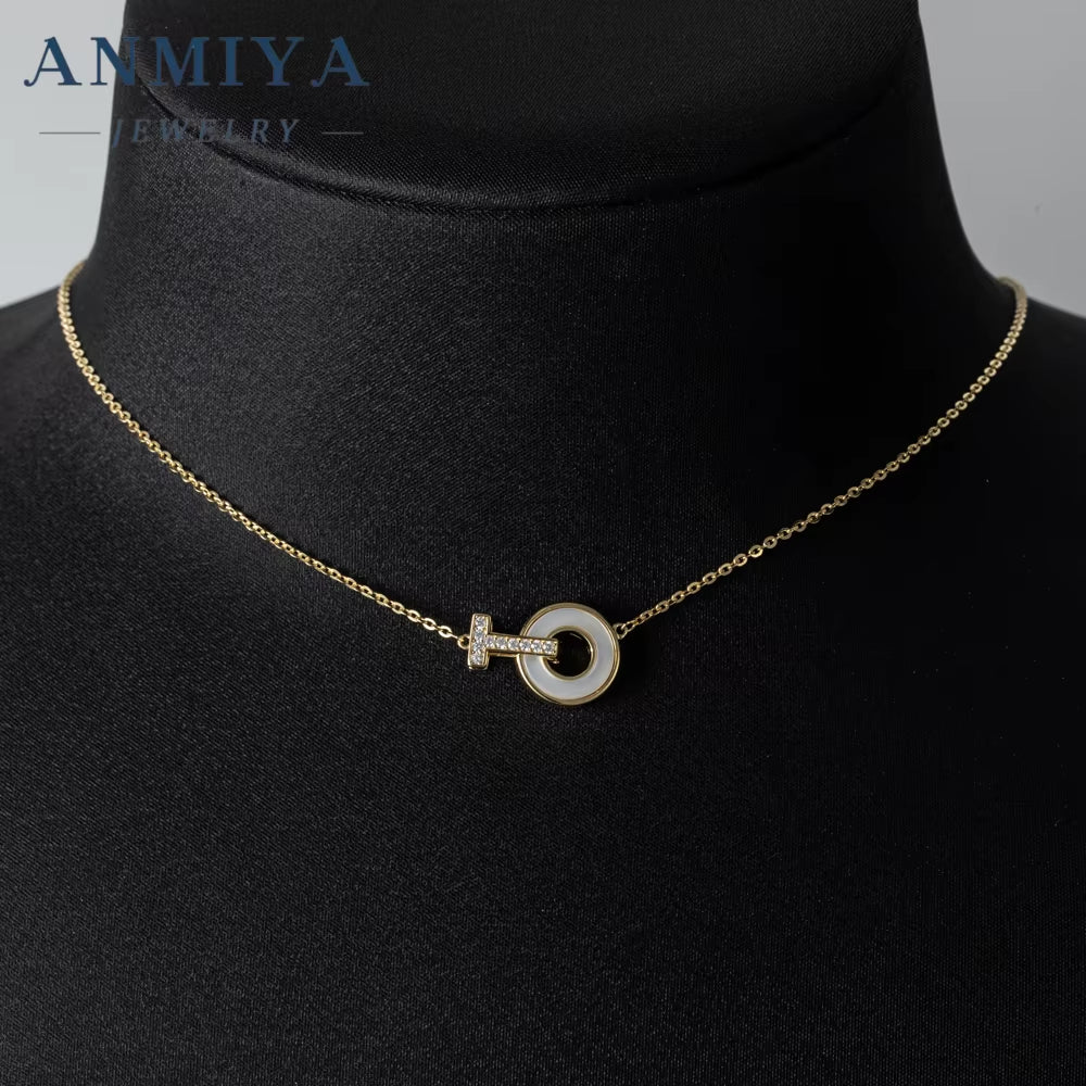 ANMIYA High Quality T Shape round Collarbone Fine Fashion 925 Sterling Necklace Silver with Zircon for Women'S Party Jewelry