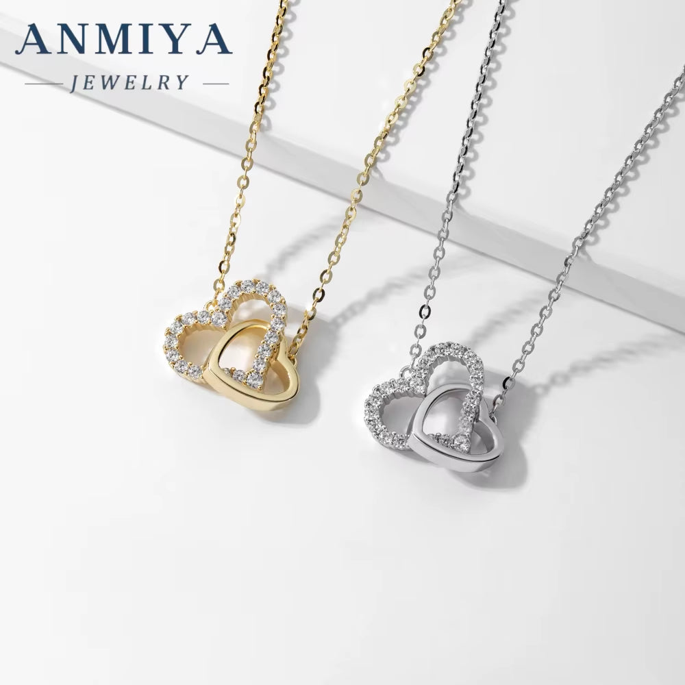 ANMIYA 925 Sterling Silver Heart-Shaped with Zircon Diamond Pendant Women Wedding Necklace Chain Couple