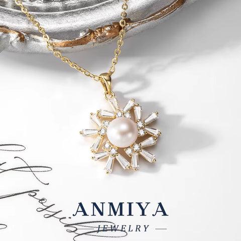 Customizable Silver 925 Jewelry Snowflake Shape Centered Pearl Inlay Necklace & Earrings Engraving Service for Gifts