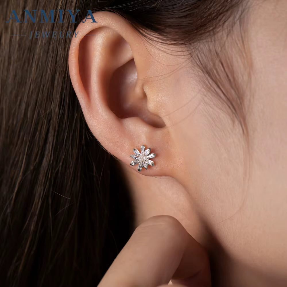 ANMIYA Wholesale Luxury Unique Elegant Small Snowflake Shape 925 Silver Sweet Earrings for Girl