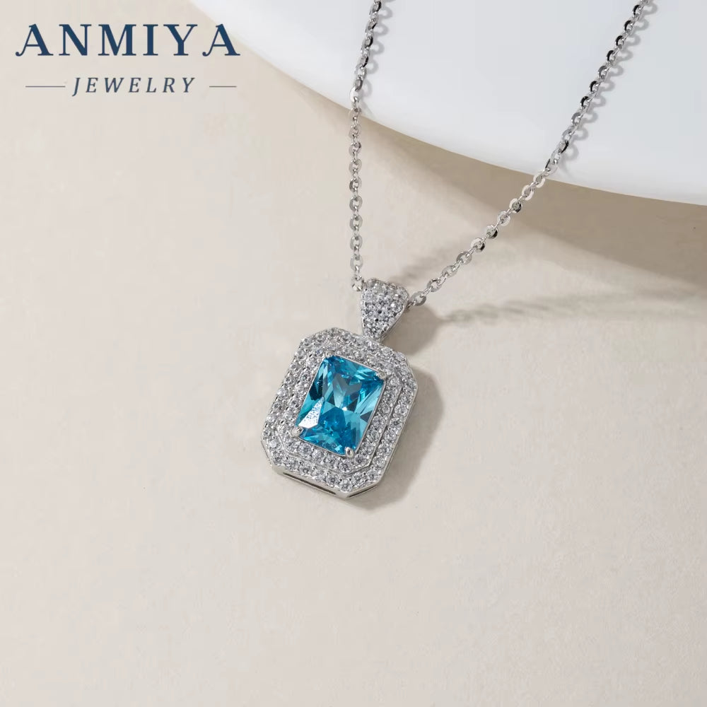 ANMIYA Fine Jewelry 925 Sterling Silver Necklace Vintage Sapphire Zircon Square Necklace Earrings Set Minimalist