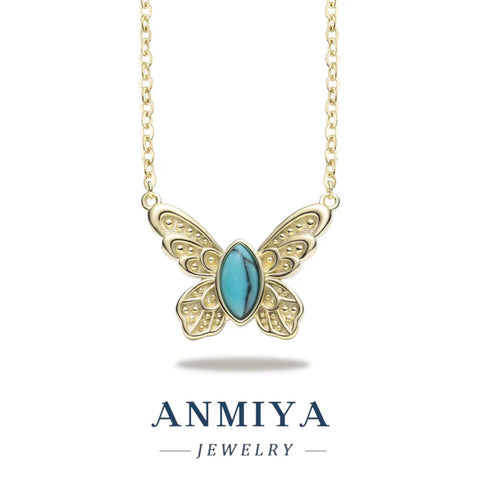 ANMIYA Women'S Trendy 925 Sterling Silver Butterfly Necklace 18K Gold Link Chain with Zircon and Turquoise Stone