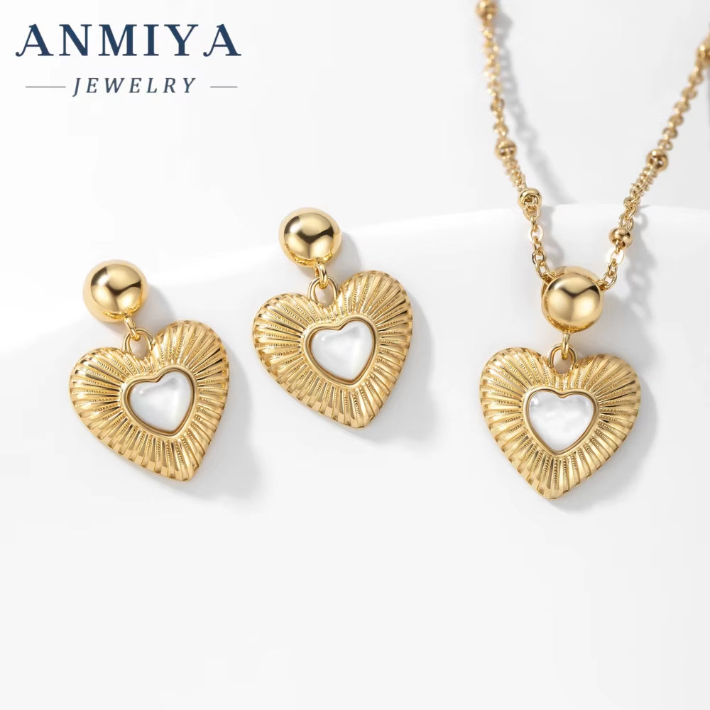 Beautiful Zircon Heart Pendant Necklaces White Shell Diamond Ear Stud 925 Silver Bridal Jewelry Sets for Girls