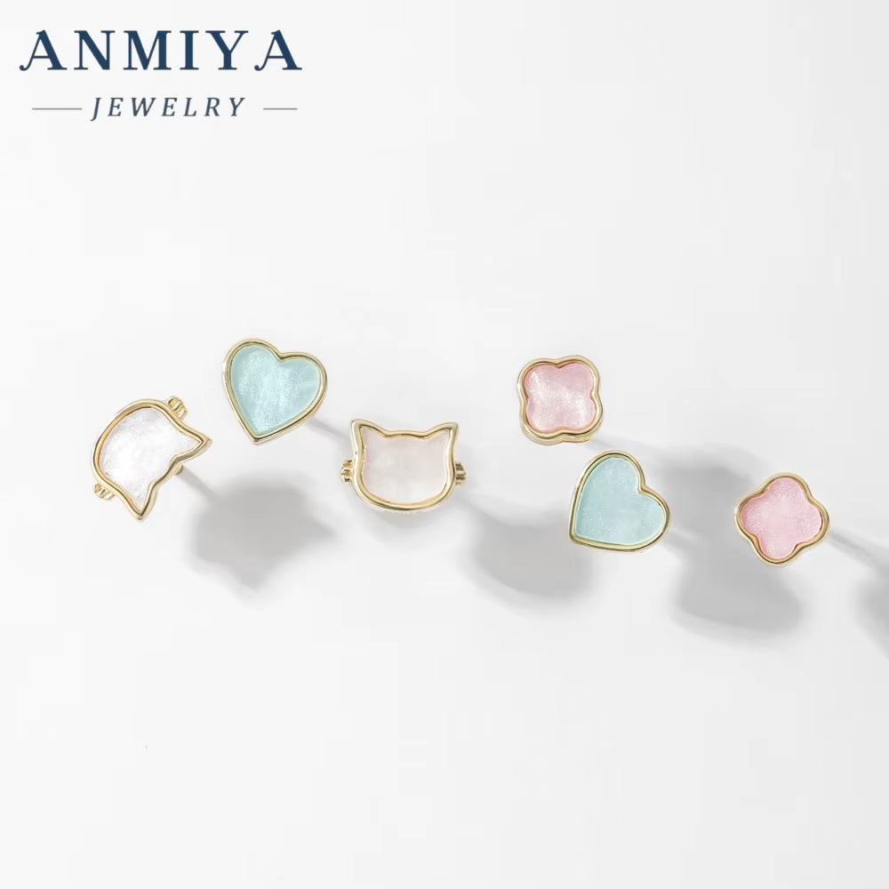 ANMIYA New Collection 925 Sterling Silver Cat Heart Four-Leaf Clover Earrings with Pink Blue Zirconia White Shell 3Pcs Set Gift