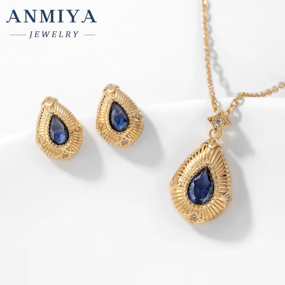 ANMIYA 18K Gold Plated Drop Earring Jewelry Blue Zircon Earring Women Drop Necklace 925 Silver Jewelry Set for Lady Gift