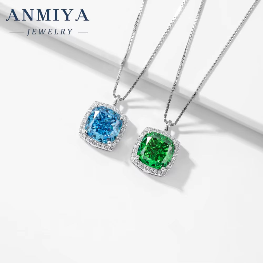ANMIYA Dainty Sterling Silver Vintage Cushion Ice Cut Square Emerald CZ 925 Silver Jewelry Necklace