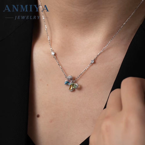 ANMIYA Unique Colorful Zircon 925 Sterling Silver Fashion Jewelry Necklace for Women Girl
