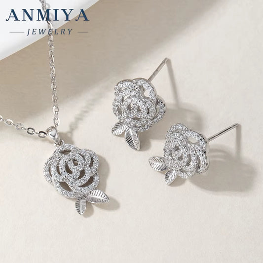 Fashion Luxury Flower Jewelry Set Zircon 925 Silver Zircon Flower Necklace and Earrings Women'S Wedding Party Jewelry