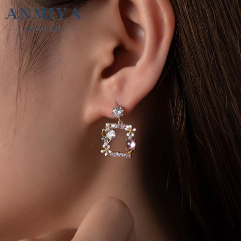 ANMIYA Fashion Earings Pink Flower Korean Butterfly Colour Fashion Sweet Flower 925 Silver Stud Earring for Women Jewelry Women