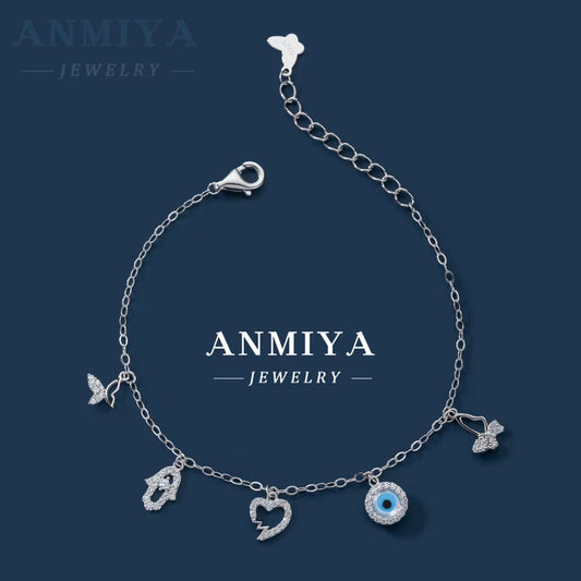 ANMIYA Fashion Jewelry Ladies Fine Jewelry Sterling 925 Silver Bracelet Evil Eyes Butterfly Bangles