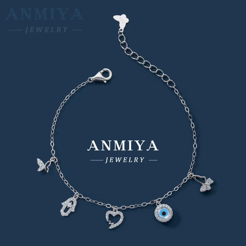 ANMIYA Fashion Jewelry Ladies Fine Jewelry Sterling 925 Silver Bracelet Evil Eyes Butterfly Bangles