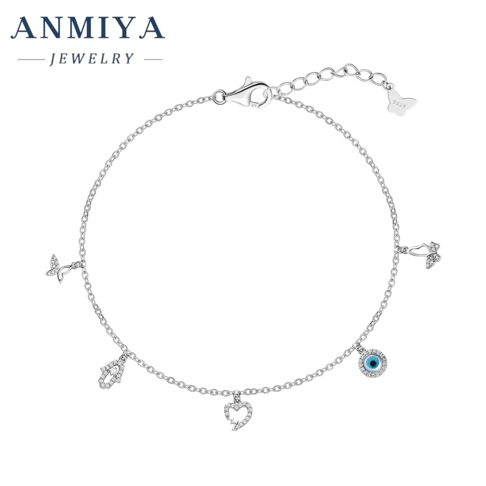 ANMIYA Fashion Jewelry Ladies Fine Jewelry Sterling 925 Silver Bracelet Evil Eyes Butterfly Bangles