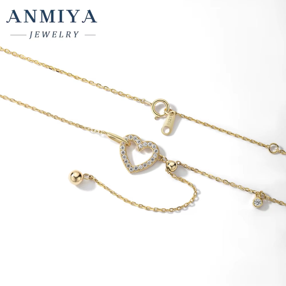 ANMIYA Fashion 18K Gold Plated 925 Sterling Silver Tassel Clavicle Chains Hollow Out Heart Pendant Necklace for Women
