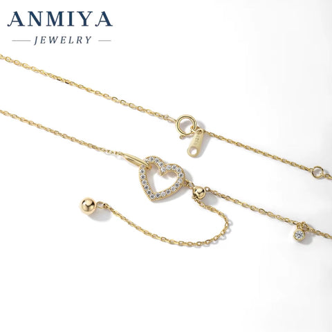 ANMIYA Fashion 18K Gold Plated 925 Sterling Silver Tassel Clavicle Chains Hollow Out Heart Pendant Necklace for Women