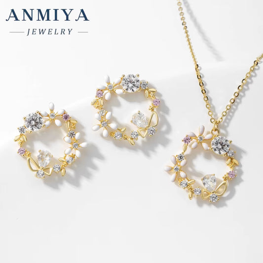 ANMIYA Custom Wholesale Flower and Zircon Garland Shape Zirconia 925 Silver Necklace Earrings Set for Women