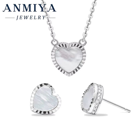 Premium Heart-Shaped White Shell Inlay Silver 925 Set Necklace and Earring Sets Gift Ready Packaging for Gifts