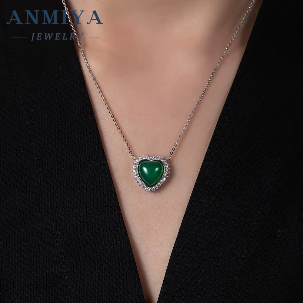 ANMIYA Fashion Chic CZ Zircon Green and White Chalcedony Heart Pendant S925 Silver Chain Necklace for Women