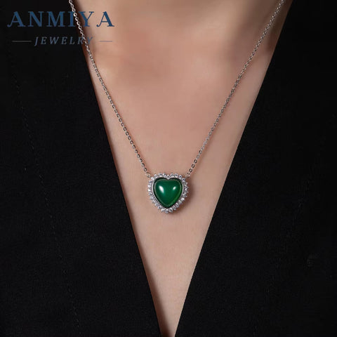 ANMIYA Fashion Chic CZ Zircon Green and White Chalcedony Heart Pendant S925 Silver Chain Necklace for Women