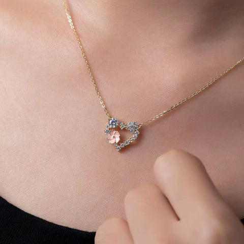 ANMIYA Fine Jewelry 925 Sterling Silver Gold Plated Pink Zircon Heart Necklace for Lover