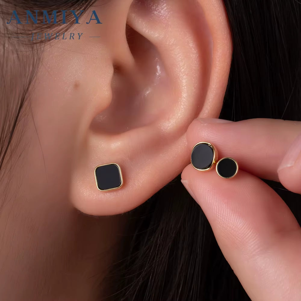 ANMIYA New Tide High Quality Square Shape Black round Silver 925 Gold Stud Earrings Set 3 Pair