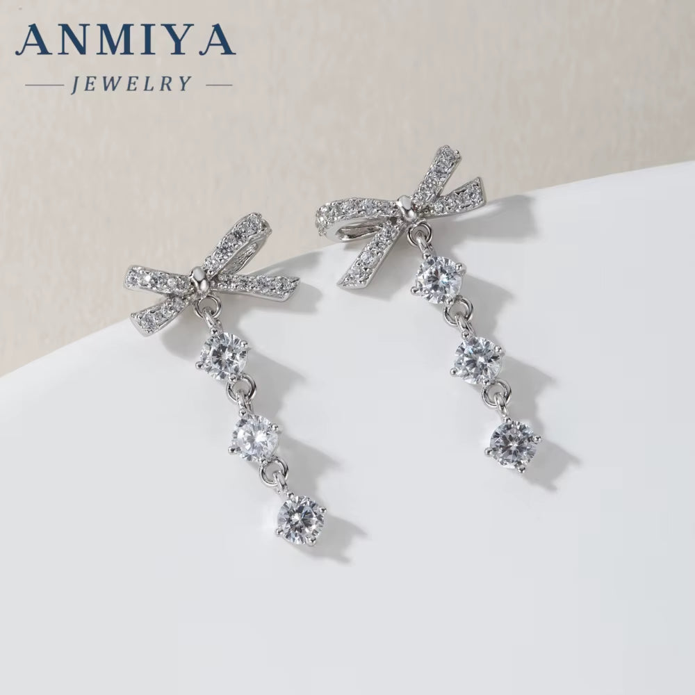 Fine Jewelry 925 Sterling Silver Bowknot Zircon Tassel Stud Earrings Women 925 Silver Earring for Women