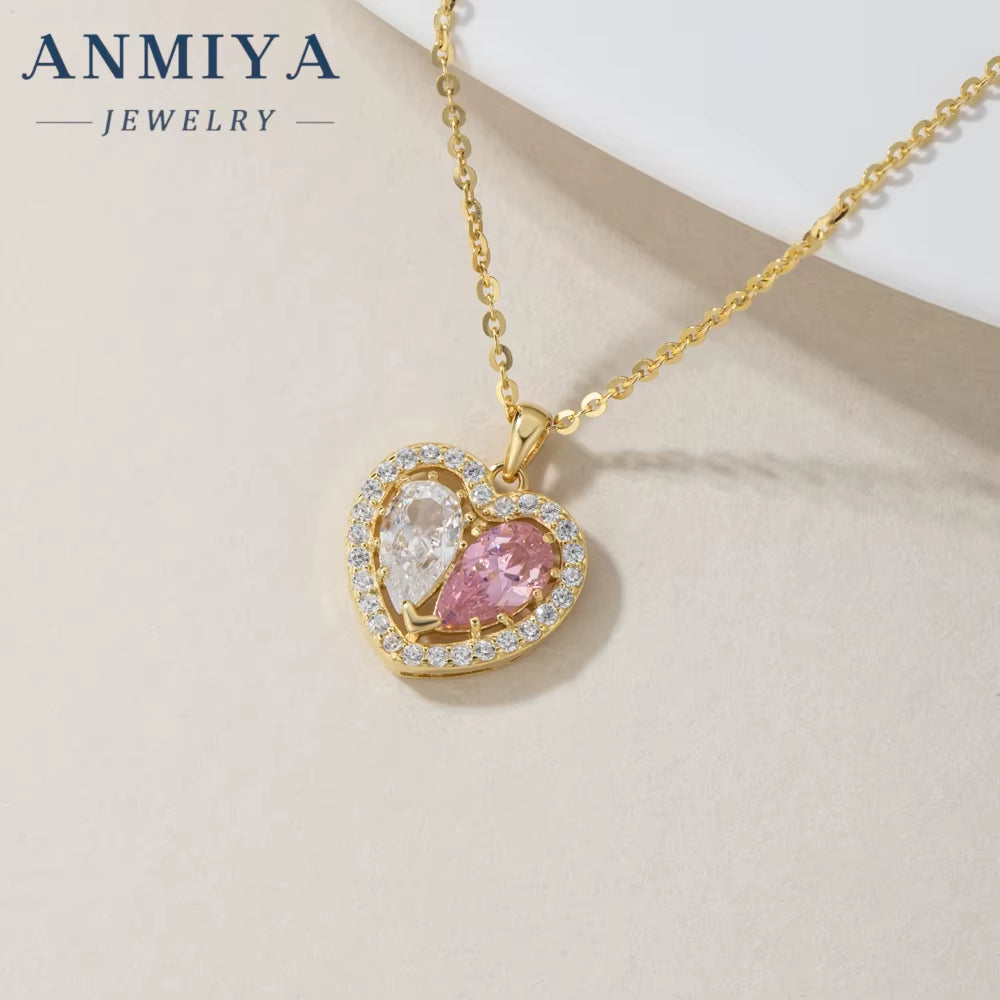 ANMIYA Custom 18K Gold Plated 925 Silver Earrings Necklace Set with Heart Pink Zircon Hypoallergenic for Weddings Gifts