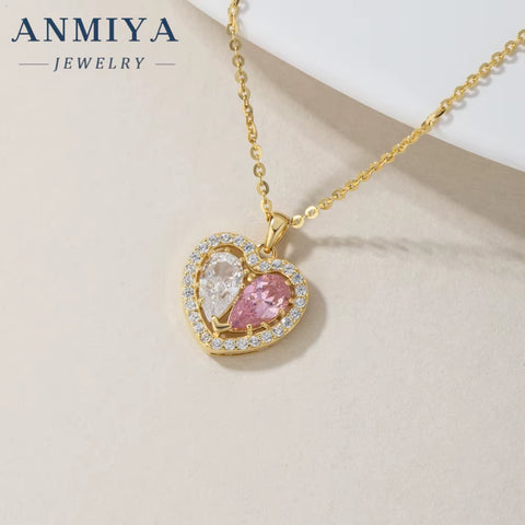 ANMIYA Custom 18K Gold Plated 925 Silver Earrings Necklace Set with Heart Pink Zircon Hypoallergenic for Weddings Gifts
