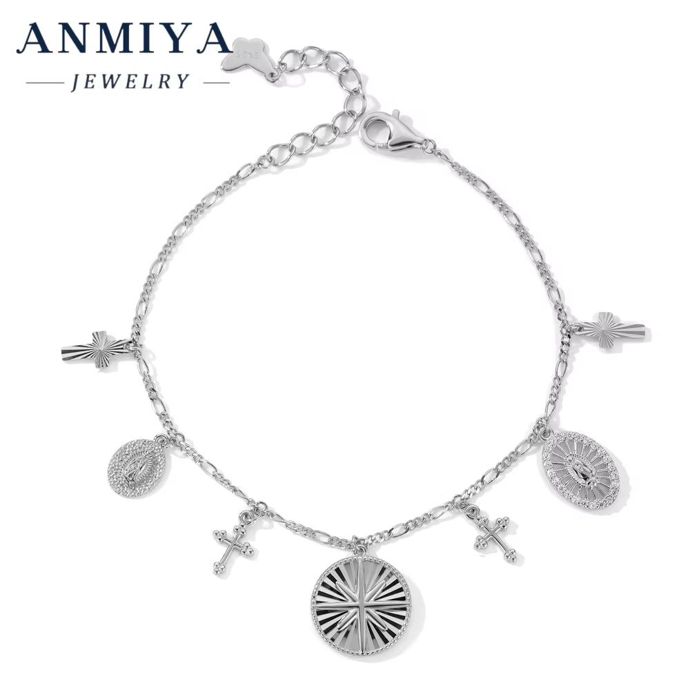 ANMIYA Christian Catholic Religious Bracelet 925 Silver 18K Gold Jesus Cross Bracelet