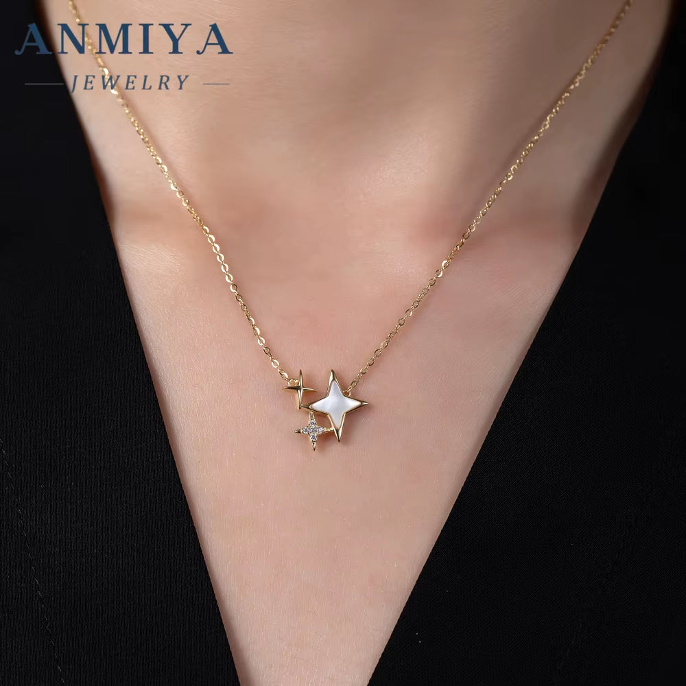 ANMIYA Hot Selling 925 Sterling Silver Four-Pointed Star Pendant Necklace 18K Gold-Plated Simple Trendy Jewelry Necklace