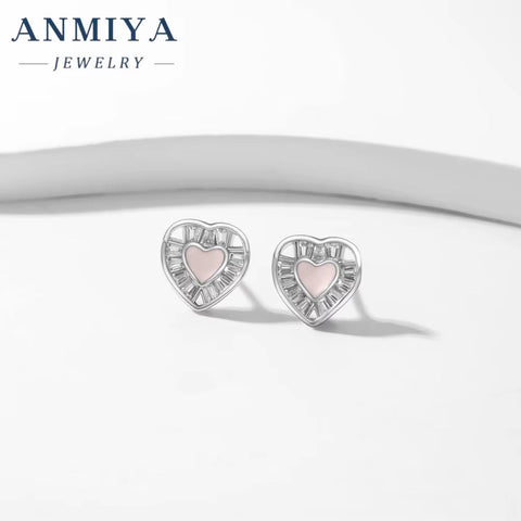 INS Hot Sales Fine Jewelry 925 Silver Pink Heart Shape Stud Earrings for Girl Gift Lover Best Gift