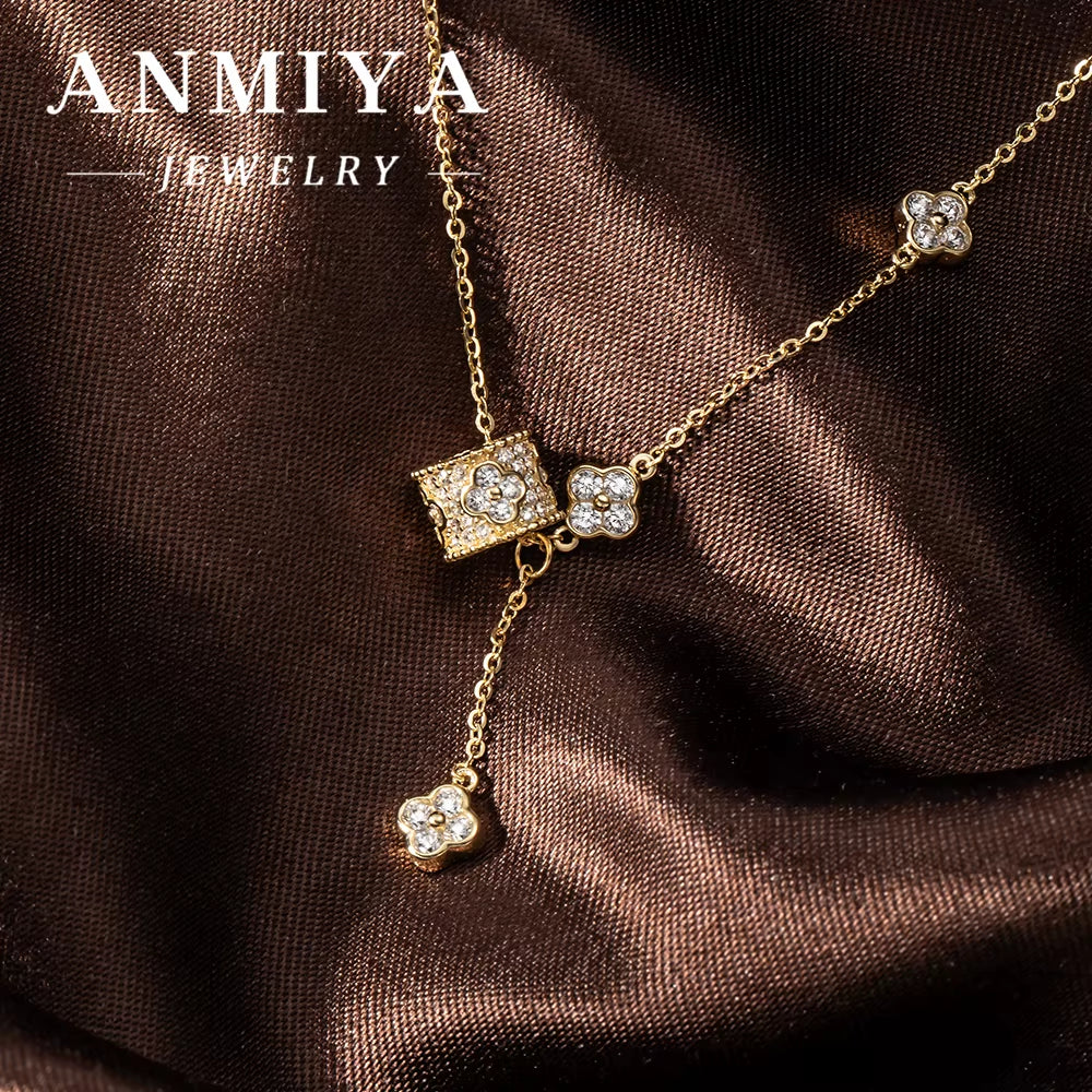 ANMIYA Light Luxury Design High Sense Four-Leaf Clover Fringe 925 Silver Necklace Sweet Girl Necklace