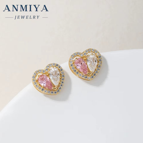 ANMIYA Custom 18K Gold Plated 925 Silver Earrings Necklace Set with Heart Pink Zircon Hypoallergenic for Weddings Gifts