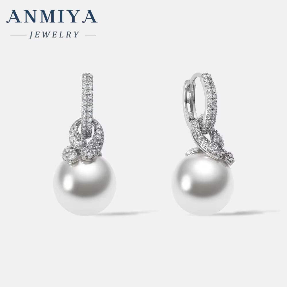ANMIYA Wholesale 925 Sterling Silver Statement Fresh Water Pearl Cubic Zirconia Pearl Hoop Earrings