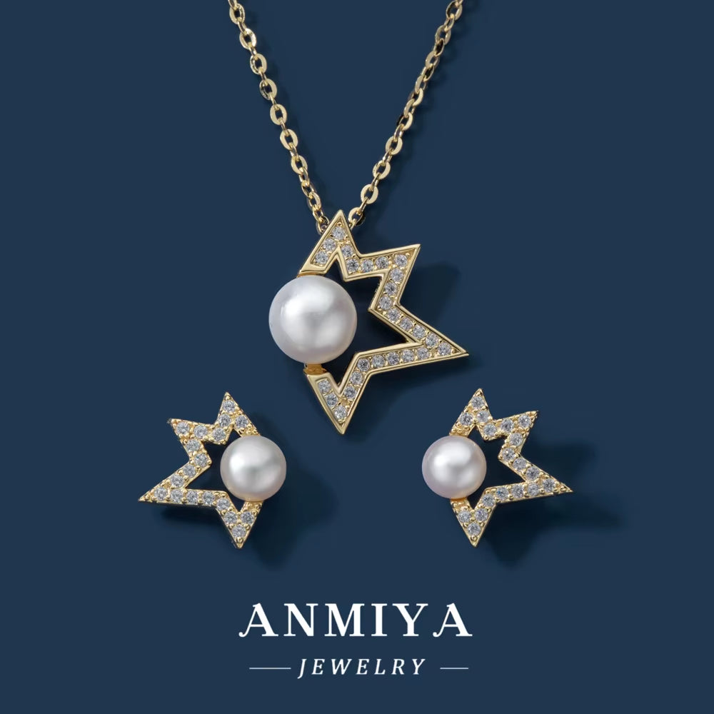 ANMIYA 925 Silver Jewelry Set Star Freshwater Pearl Zircon Necklace and Earring Necklace Set for Women