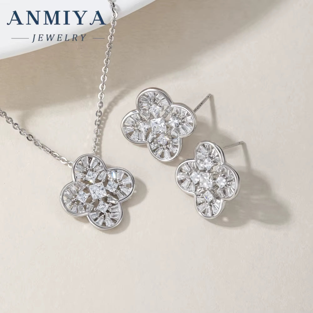 High End Rhodium Plated Zirconium Four Leaf Clover Set S925 Sterling Silver Necklace Earrings Set Jewelry