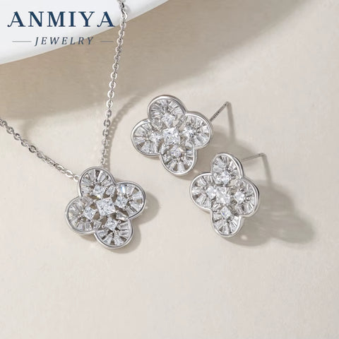 High End Rhodium Plated Zirconium Four Leaf Clover Set S925 Sterling Silver Necklace Earrings Set Jewelry