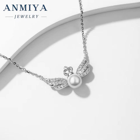 ANMIYA Crown Wing Couple Necklace Fresh Water Pearls 100% 925 Silver Fashion Chains Necklaces for Girlfriend