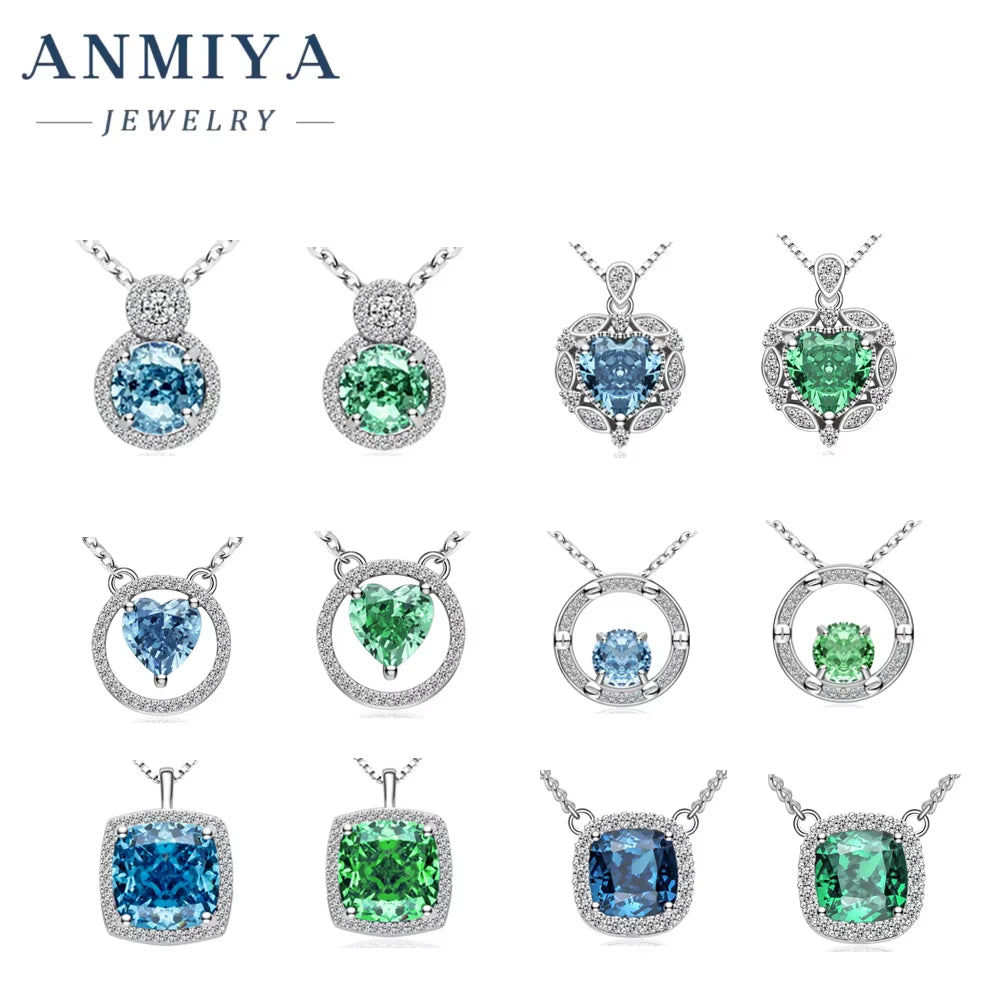 ANIMIYA Ice Heart Cut Shape round Zircon Green Blue Pink Diamond 925 Sterling Silver Fashion Jewelry Pendent Necklaces