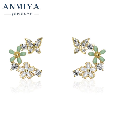 ANMIY Fine Designer Brand Fashion Butterfly Flower Shape Stud Earrings 925 Silver for Girl