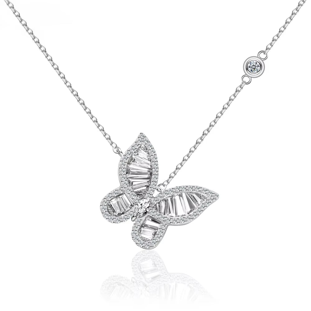 ANMIYA Women'S Fashion Silver Chain Zircon Rhodium Plating Premium Jewelry Butterfly Pendant Necklace