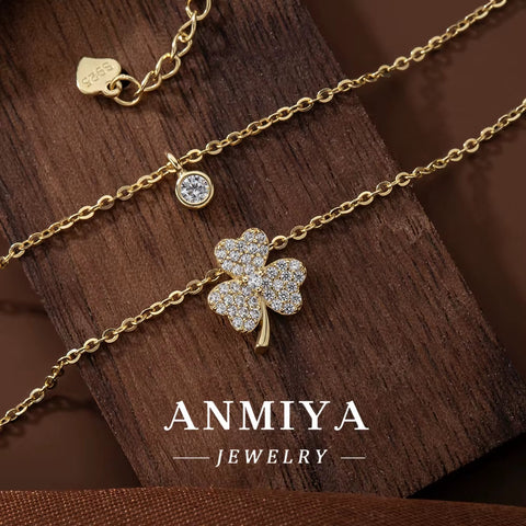 Double Layer Clover Set Chain Gold Glitter Diamond Zircon Collarbone Chain Temperament Necklace Women'S Japanese and Korean
