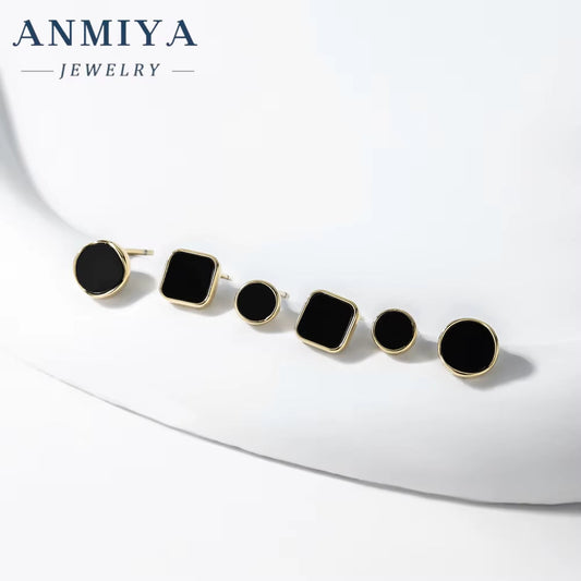 ANMIYA New Tide High Quality Square Shape Black round Silver 925 Gold Stud Earrings Set 3 Pair