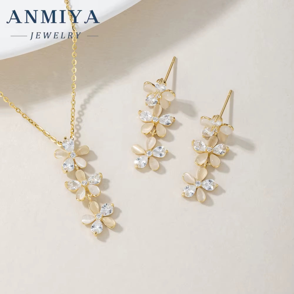 ANMIYA 925 Sterling Silver Women'S Korean Style Fine Long Flower Earrings Necklaces Set Dainty Zircon Weddings Gifts Wholesale