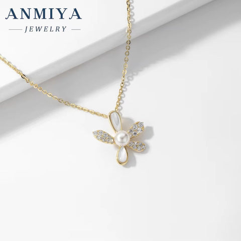 ANMIYA Pearl Flower Necklace 925 Silver Chain Zirconia Pendant Pearl Jewelry Necklace Pendant Wholesale for Women