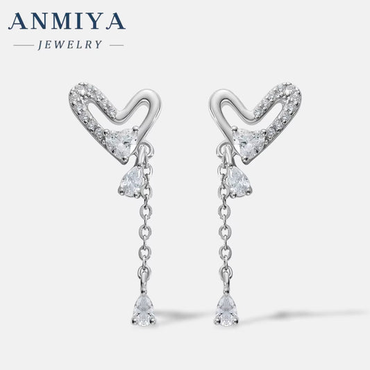 Popular 925 Silver Heart Long Tassel Zircon Rhinestone Earrings Stud Dangle Wedding Women Jewelry Earrings