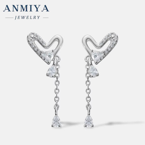 Popular 925 Silver Heart Long Tassel Zircon Rhinestone Earrings Stud Dangle Wedding Women Jewelry Earrings